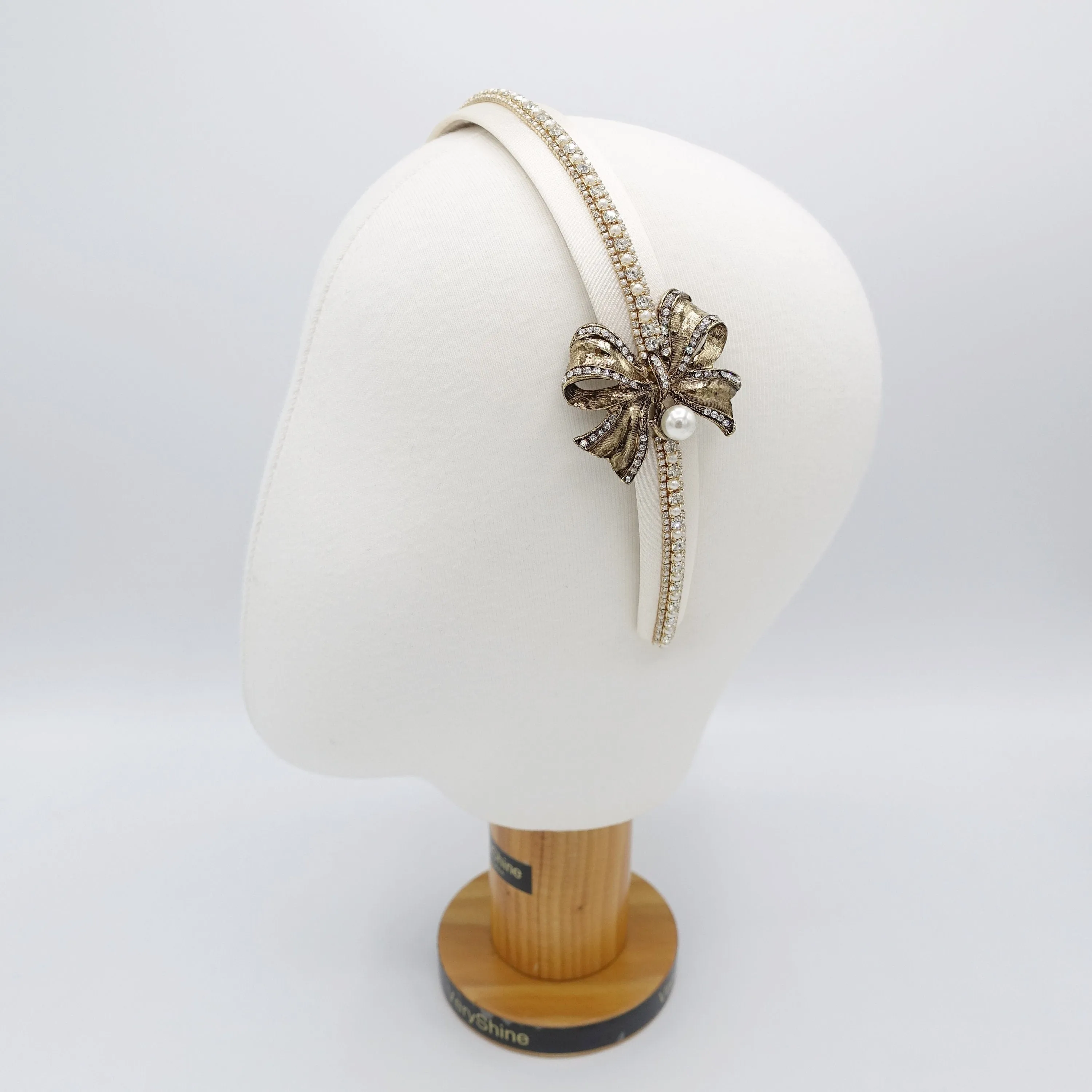 antique bow headband, metal bow headband, pearl rhinestone headband for women roque pattern antique hair accessory for women