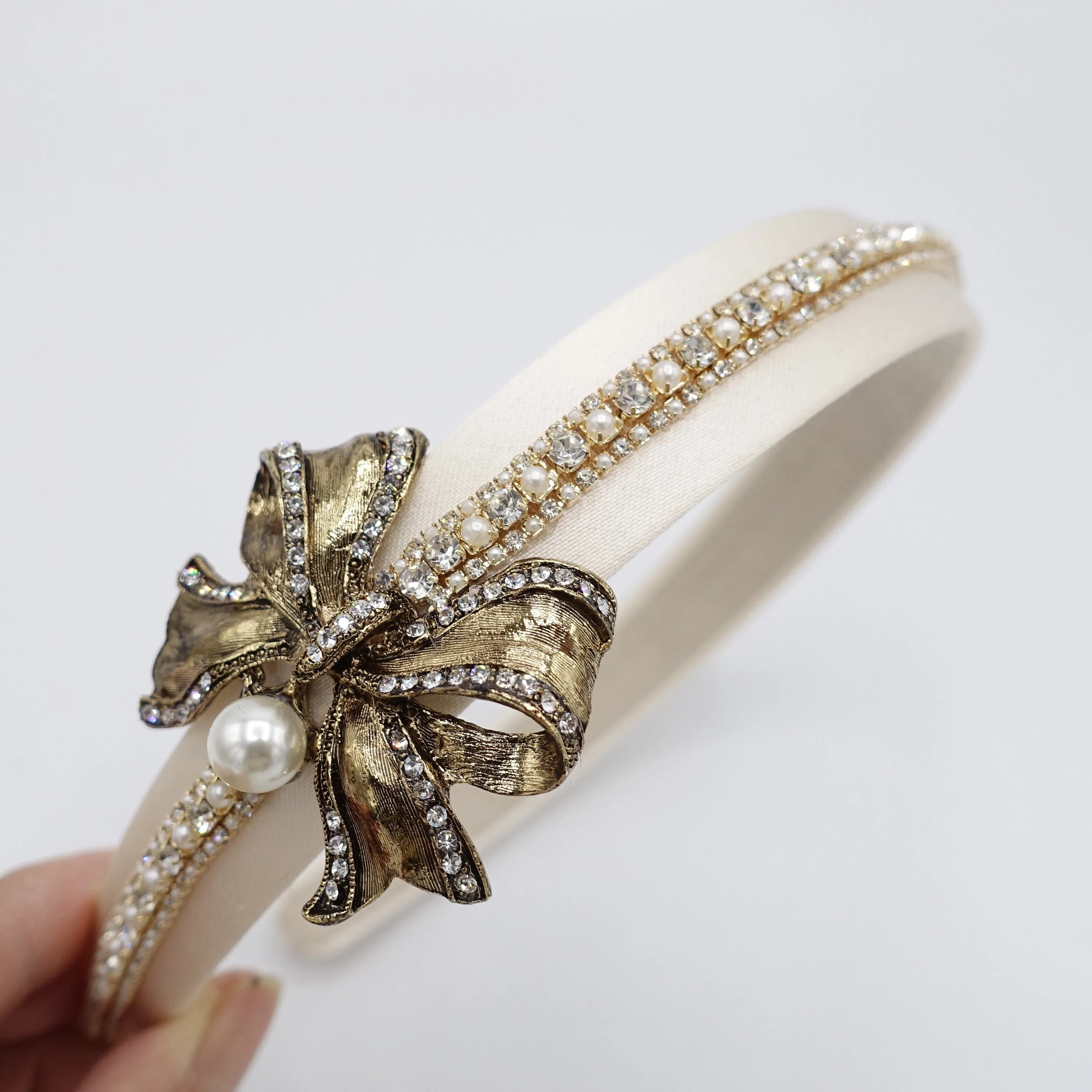 antique bow headband, metal bow headband, pearl rhinestone headband for women roque pattern antique hair accessory for women