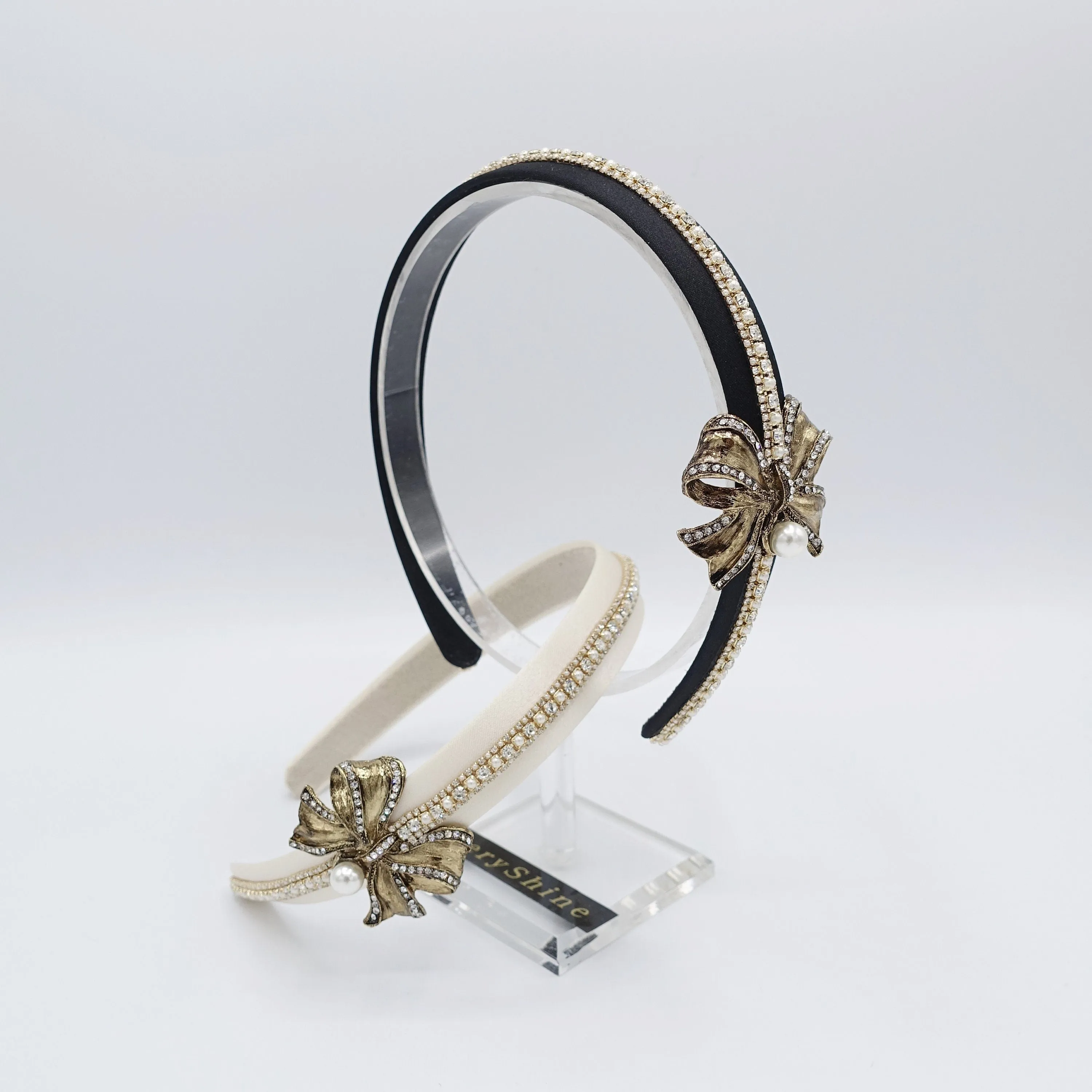 antique bow headband, metal bow headband, pearl rhinestone headband for women roque pattern antique hair accessory for women