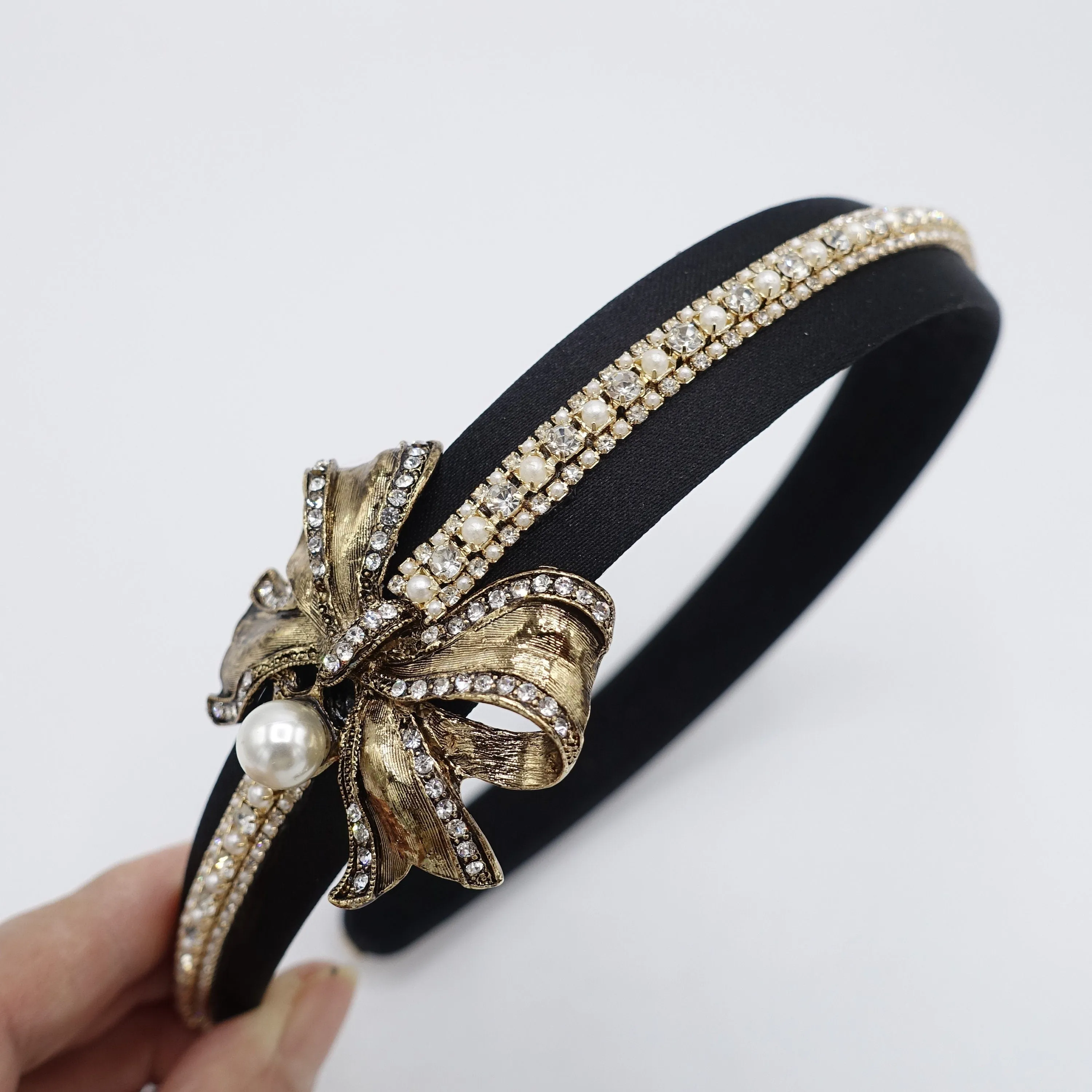 antique bow headband, metal bow headband, pearl rhinestone headband for women roque pattern antique hair accessory for women