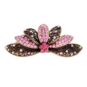 Antique Brass Hair Barrette Rhinestone Flower Petals