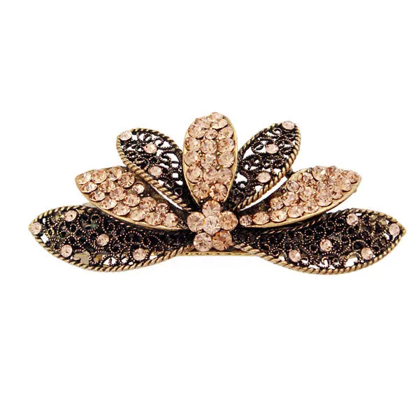 Antique Brass Hair Barrette Rhinestone Flower Petals