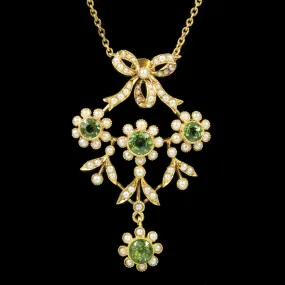 Antique Edwardian Pearl Peridot Pendant Necklace 18Ct Gold Circa 1910