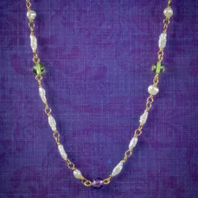 Antique Edwardian Suffragette Chain Necklace Pearl Amethyst Peridot