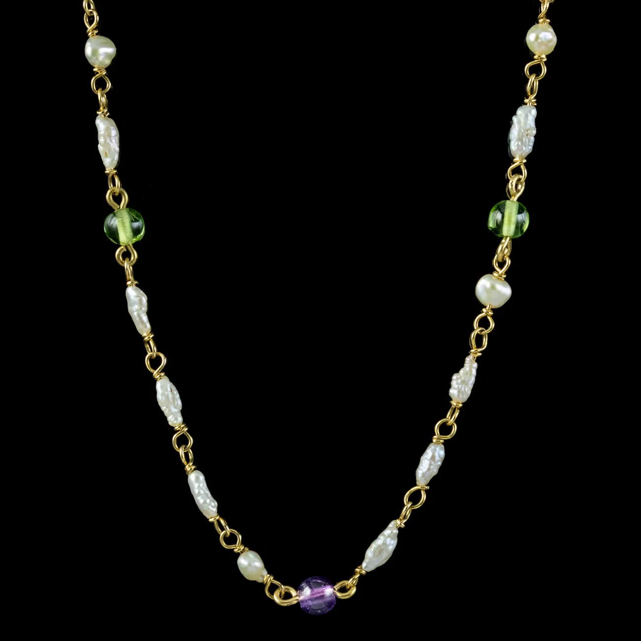 Antique Edwardian Suffragette Chain Necklace Pearl Amethyst Peridot