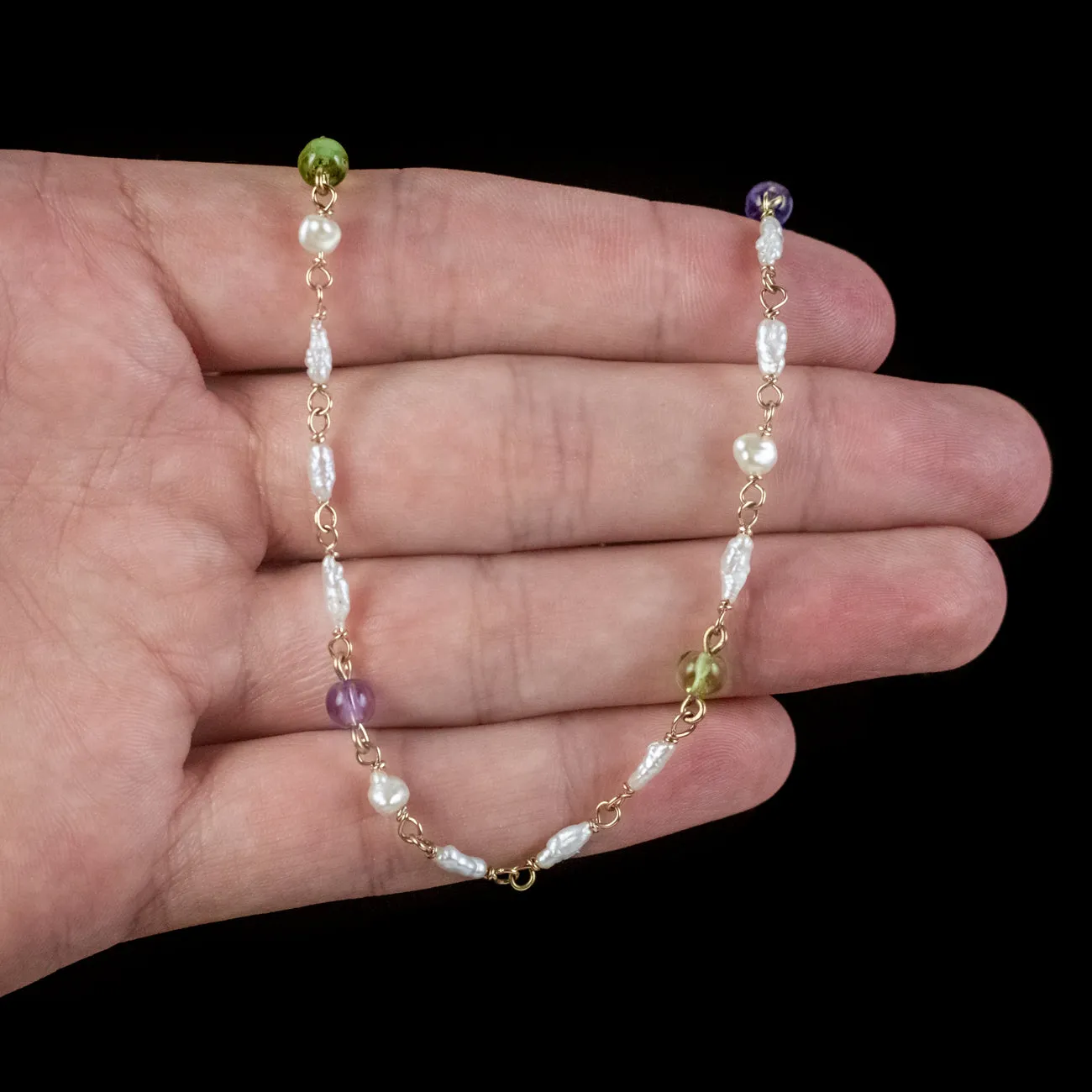 Antique Edwardian Suffragette Chain Necklace Pearl Amethyst Peridot