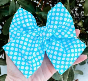 Aqua Blue Polka Dot Fabric Hand Tied Bow Headband | Hair Clip