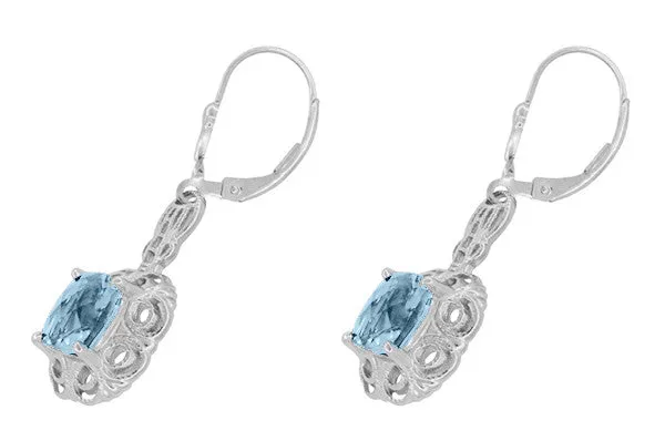 Art Deco Filigree Cushion Cut Sky Blue Topaz Drop Earrings in Sterling Silver