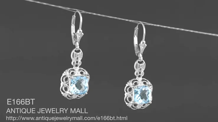 Art Deco Filigree Cushion Cut Sky Blue Topaz Drop Earrings in Sterling Silver