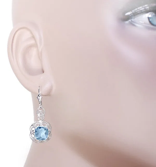 Art Deco Filigree Cushion Cut Sky Blue Topaz Drop Earrings in Sterling Silver