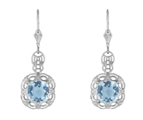 Art Deco Filigree Cushion Cut Sky Blue Topaz Drop Earrings in Sterling Silver