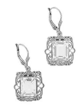 Art Deco Filigree White Topaz Drop Earrings in Sterling Silver