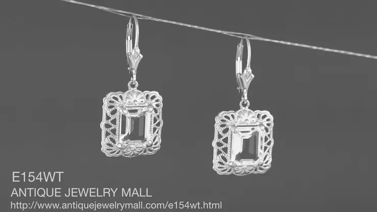 Art Deco Filigree White Topaz Drop Earrings in Sterling Silver