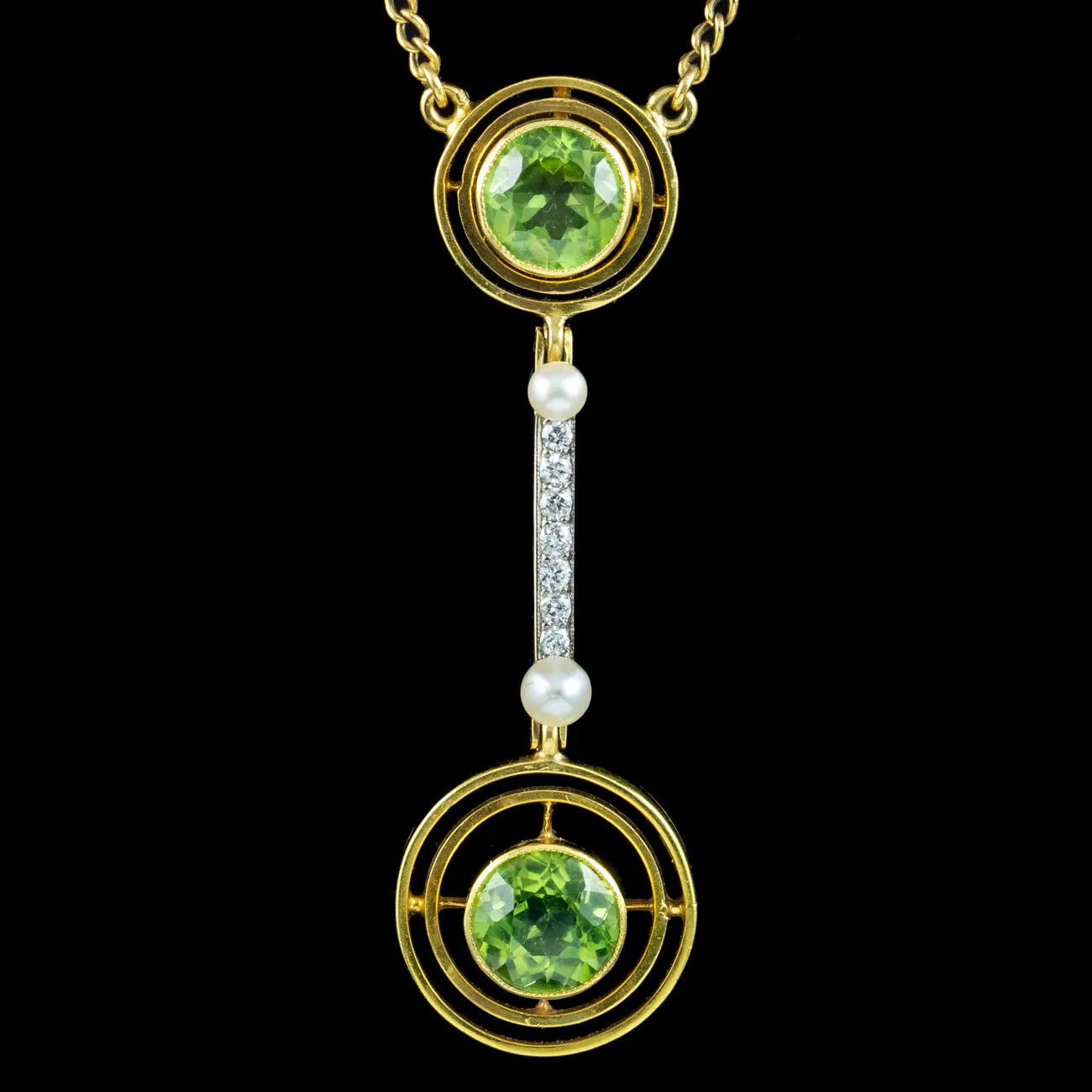 Art Deco Peridot Diamond Pearl Lavaliere Necklace 15ct Gold