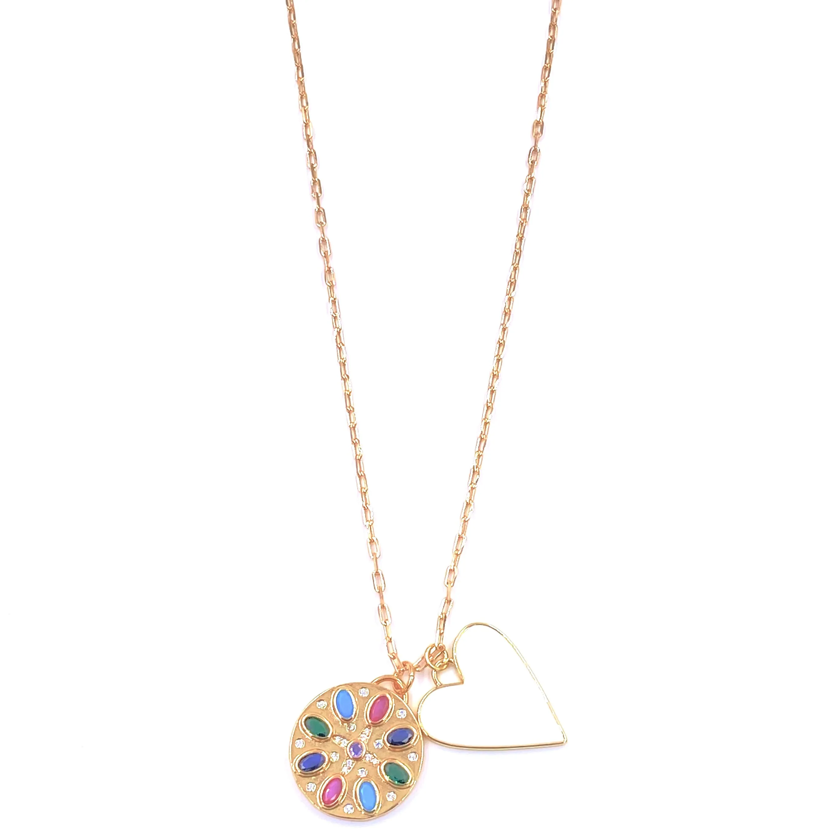 Ashley Gold Stainless Steel Gold Plated Circle CZ Multi-Colored Pendant And Enamel White Heart Pendant Necklace