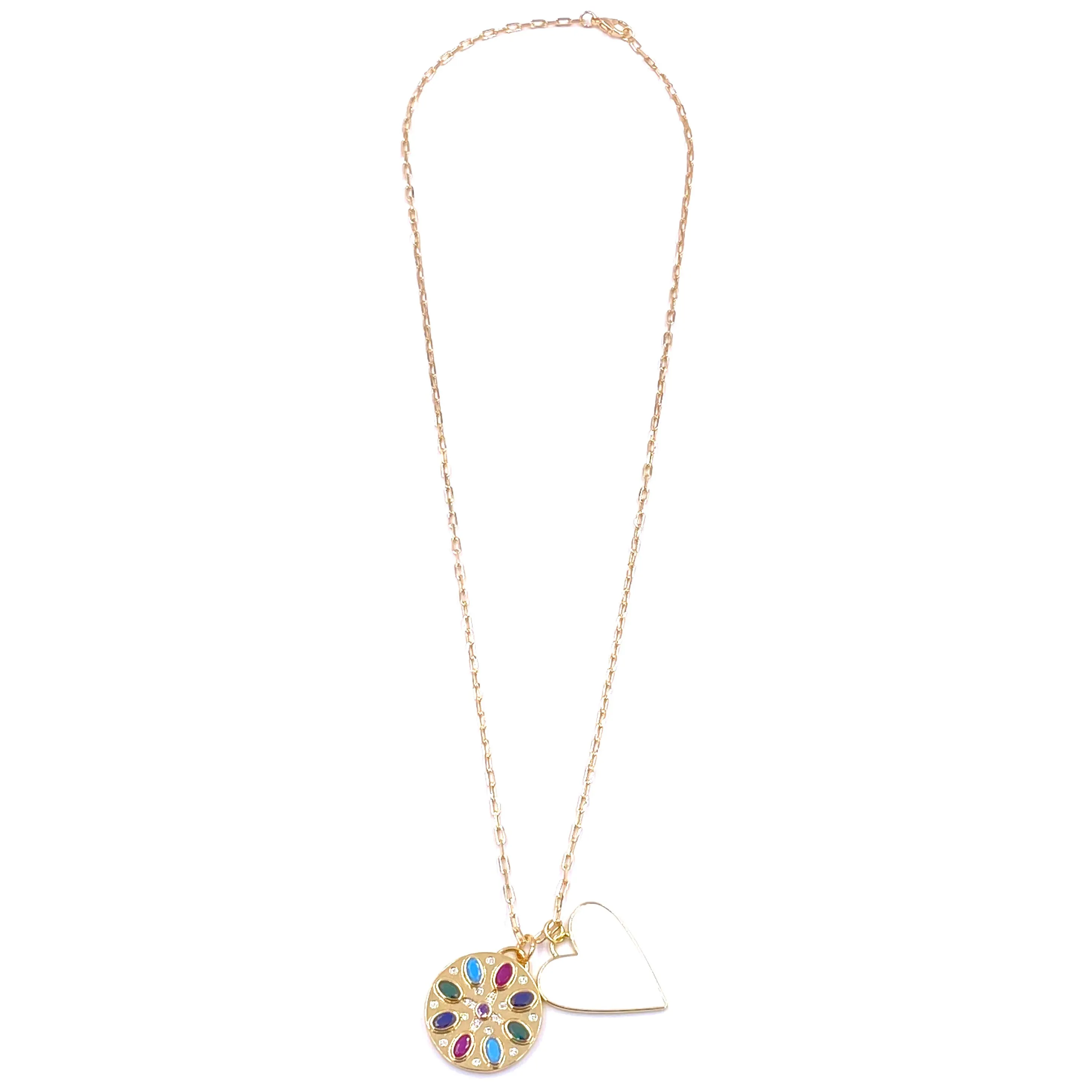 Ashley Gold Stainless Steel Gold Plated Circle CZ Multi-Colored Pendant And Enamel White Heart Pendant Necklace