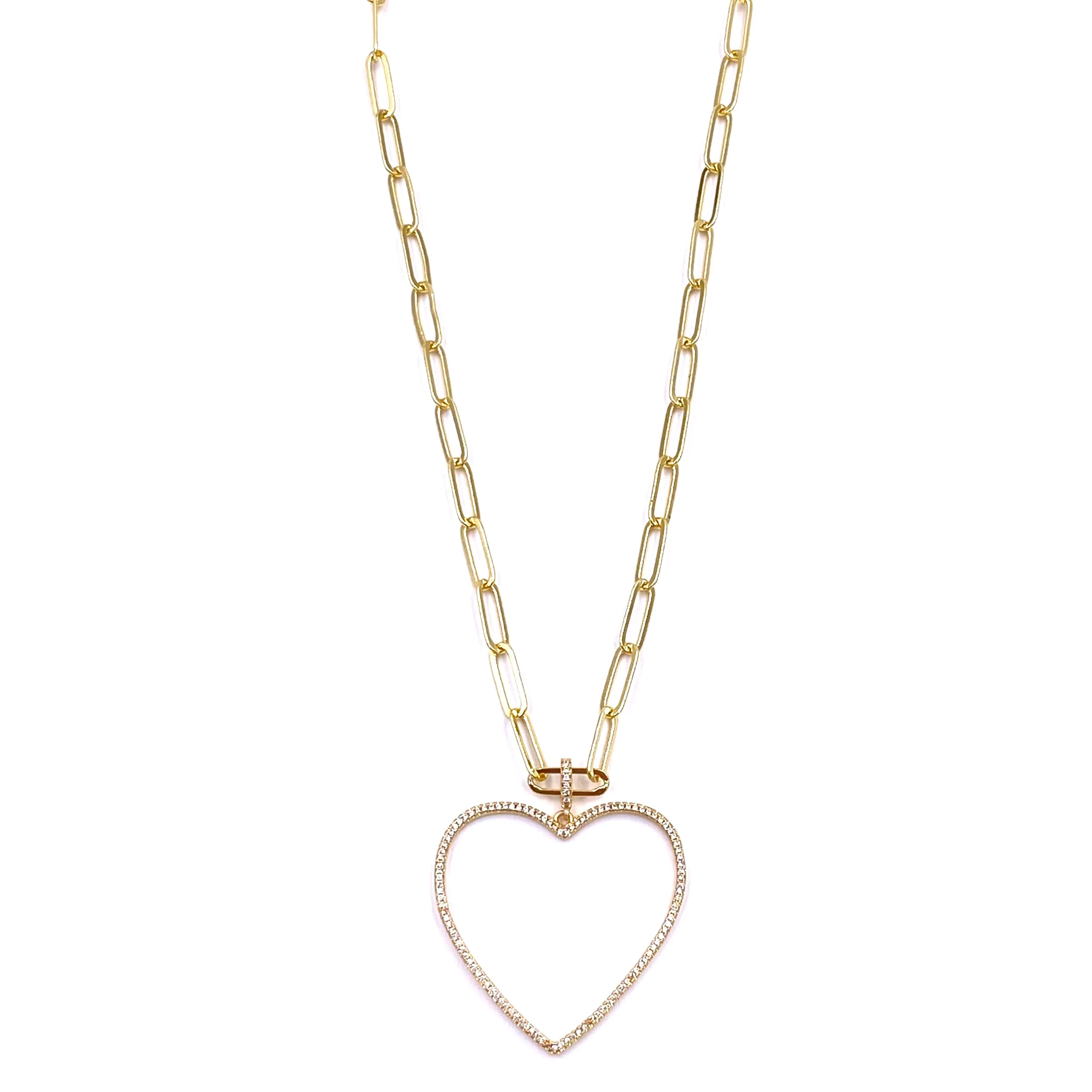 Ashley Gold Stainless Steel Gold Plated Large CZ Hollow Heart Necklace