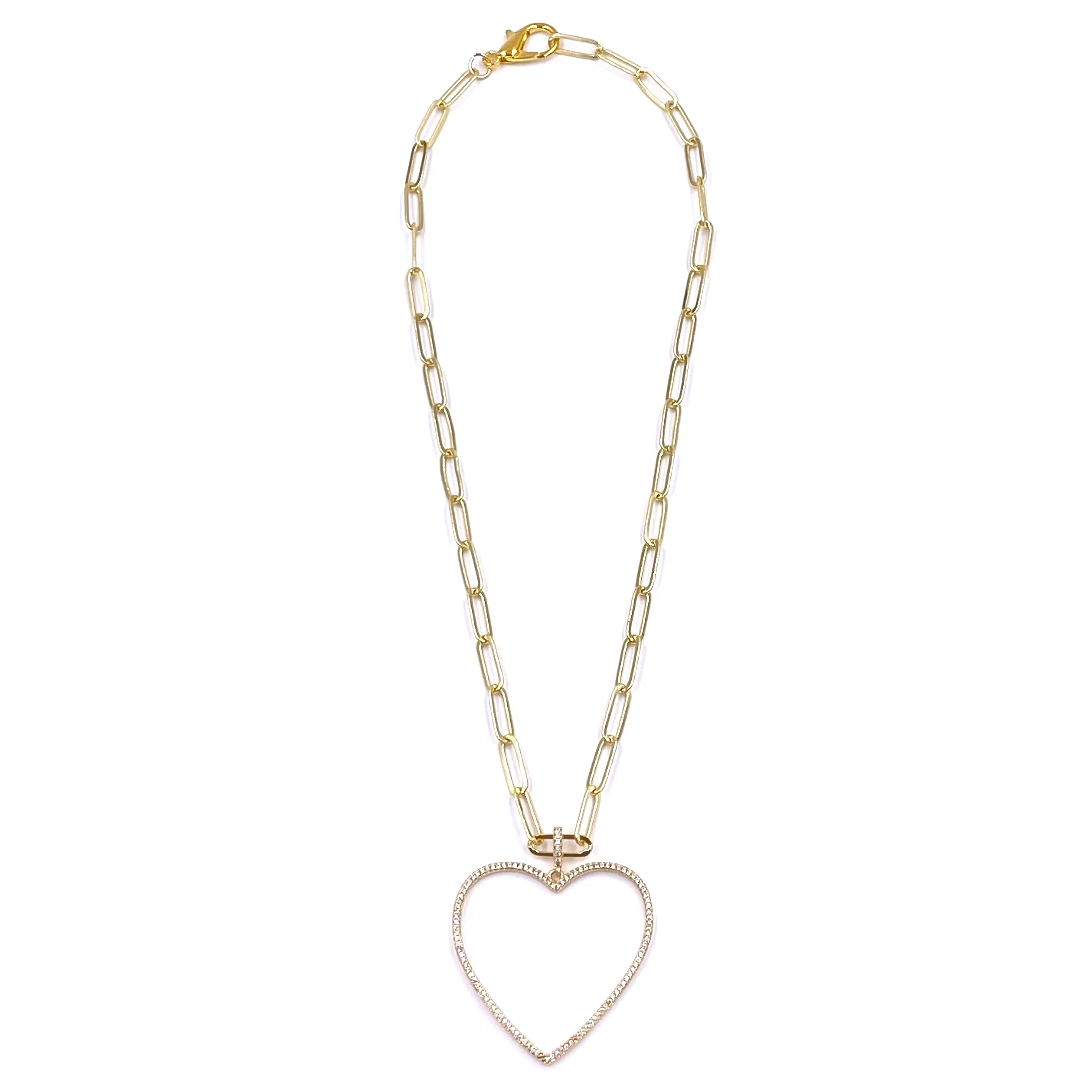 Ashley Gold Stainless Steel Gold Plated Large CZ Hollow Heart Necklace