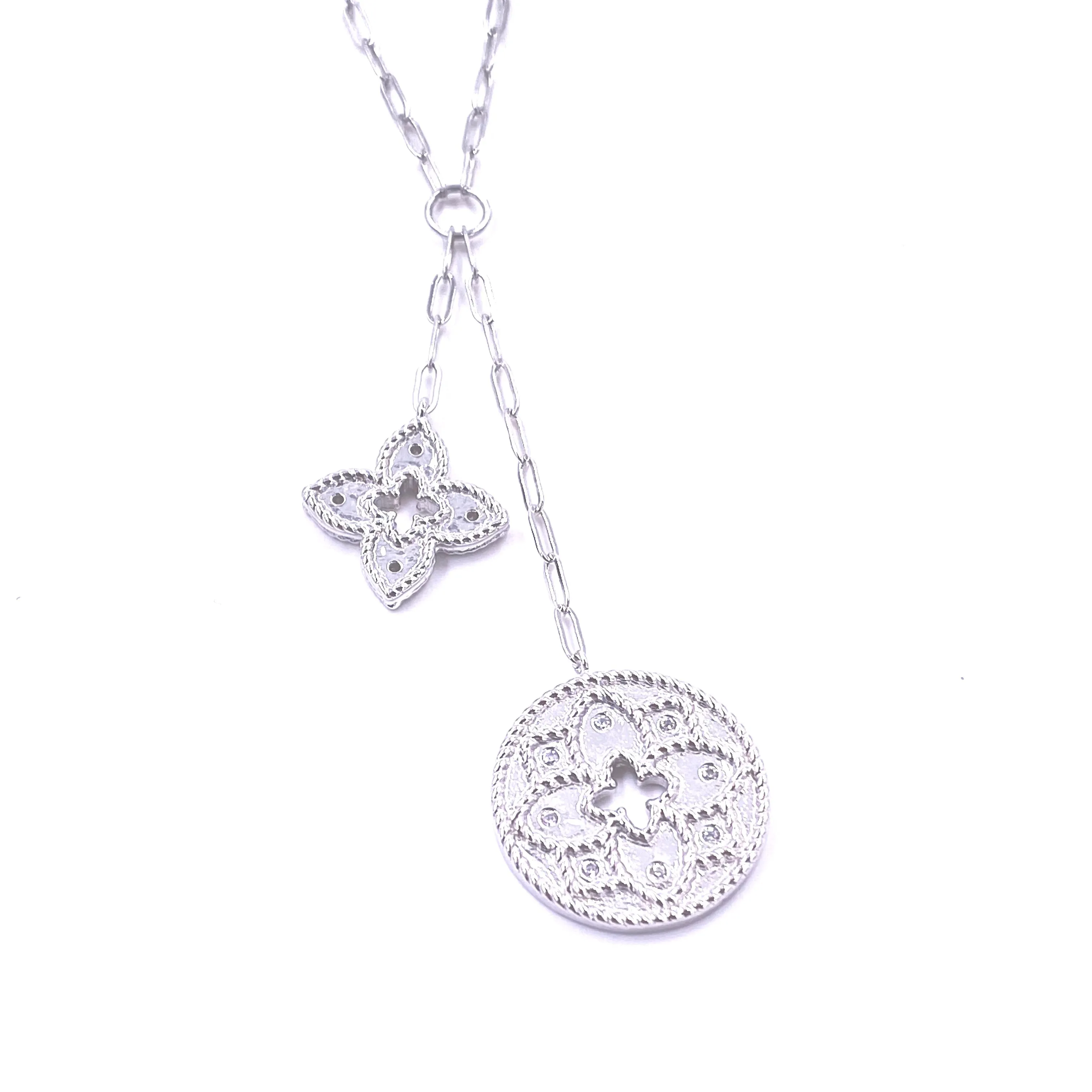 Ashley Gold Sterling Silver Double Charm CZ Clover And Round Necklace