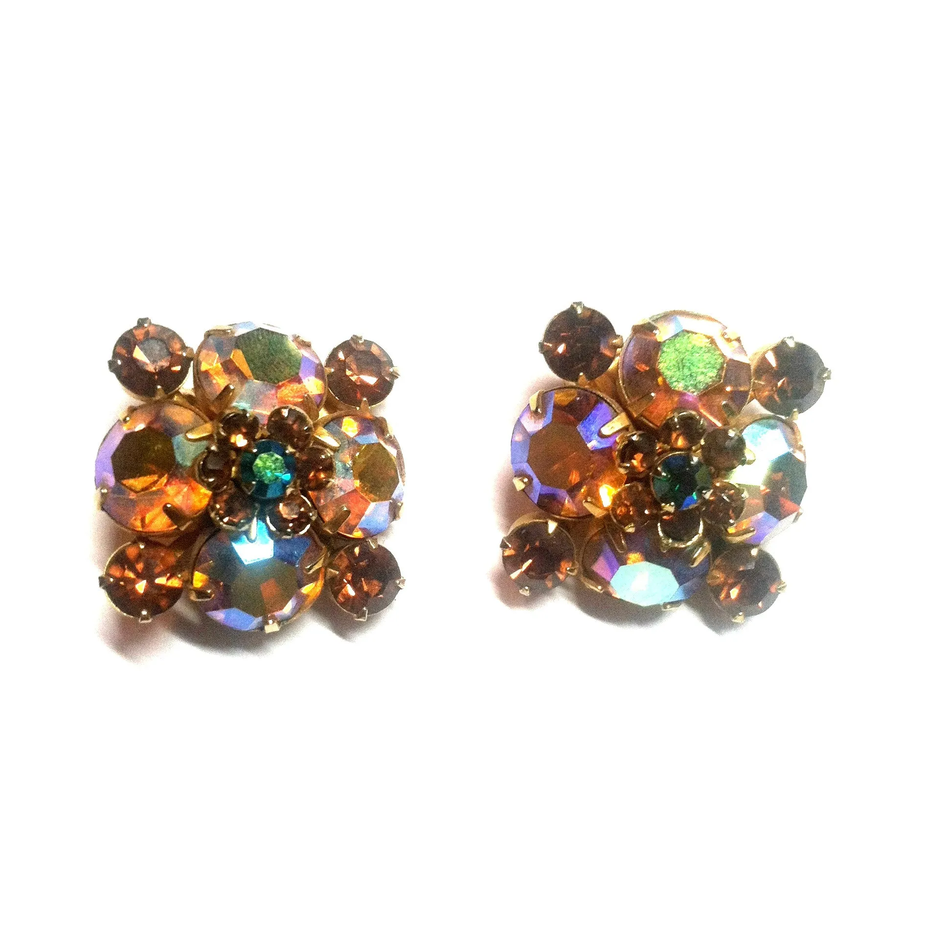 Aurora Borealis Rhinestone Clip Earrings in Autumn Hues circa 1960s