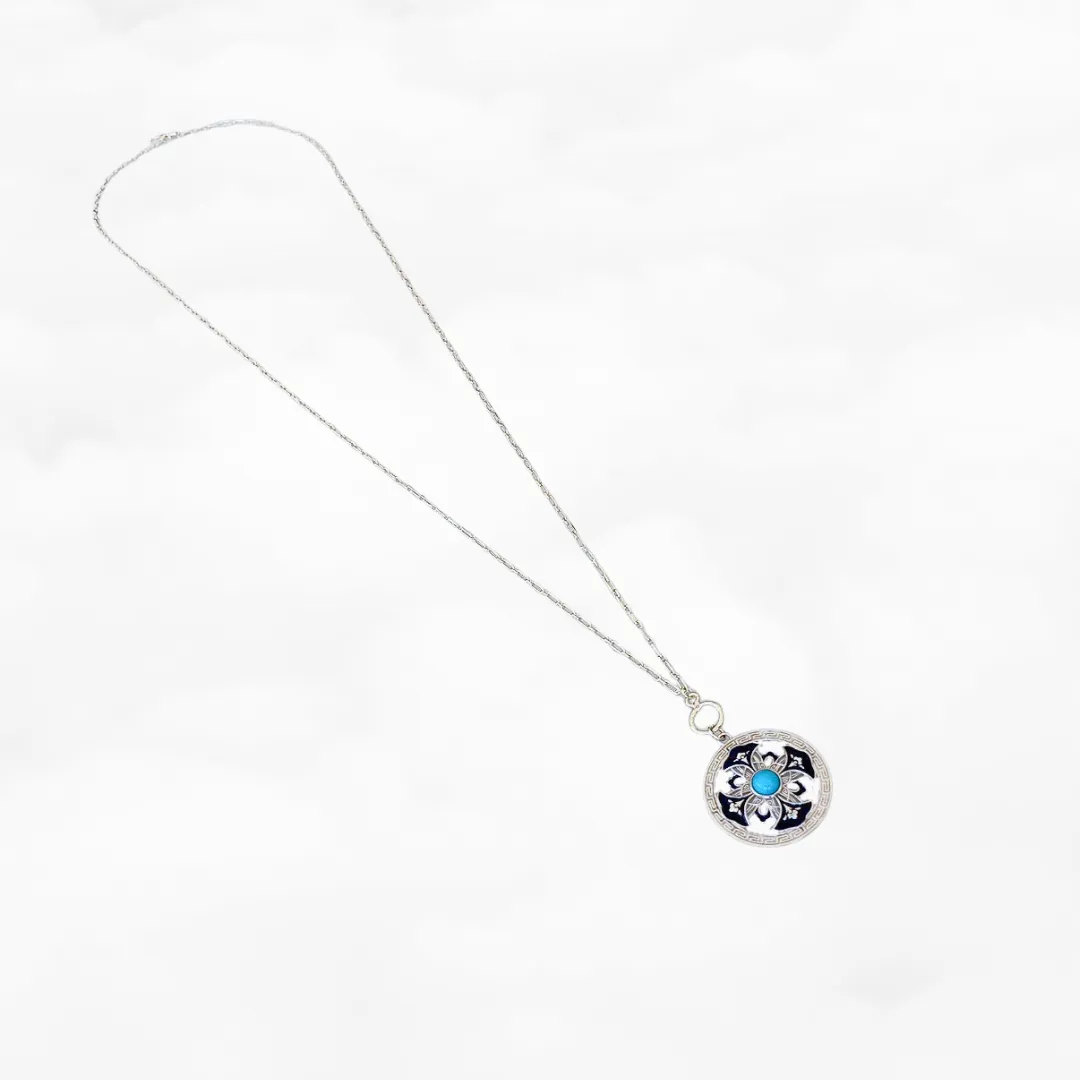 Auspicious Flower Enamel Pendant Necklace Silver