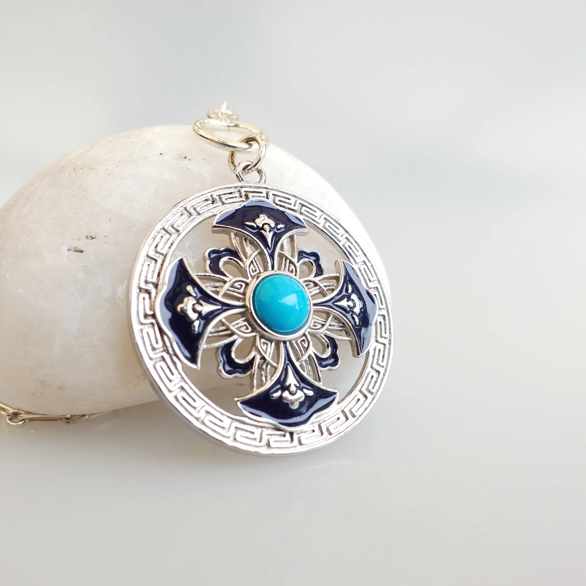 Auspicious Flower Enamel Pendant Necklace Silver