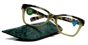 Aya, (Premium) Reading Glasses, High End Fashion Reader, 1.25 to  4 magnifiers, (Green n Brown Tortoise) Square Frame. NY Fifth Avenue.