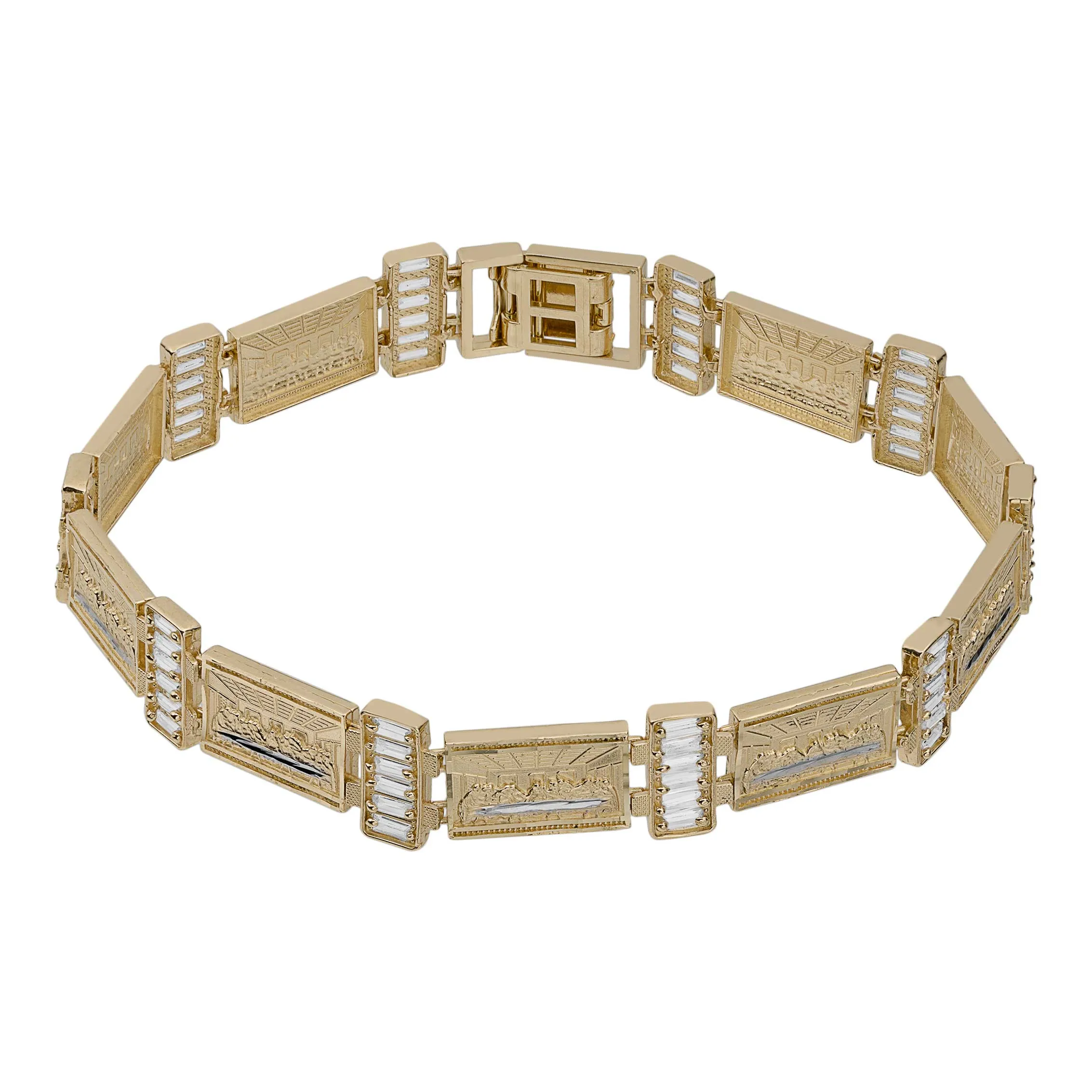 Baguette CZ Last Supper Bracelet 10K Yellow White Gold