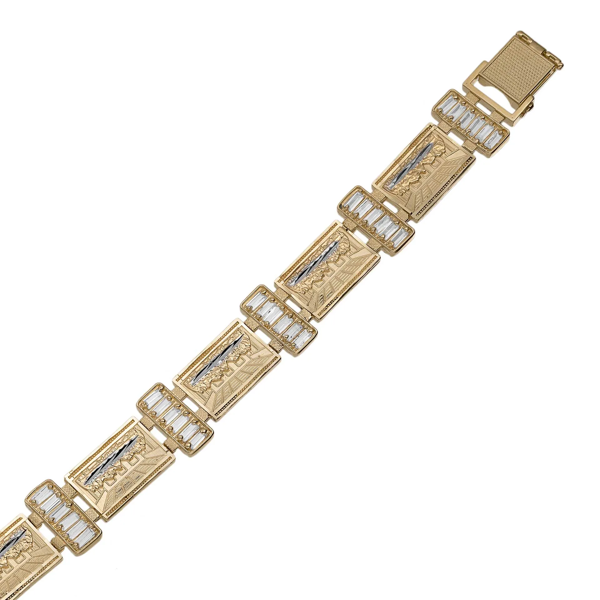 Baguette CZ Last Supper Bracelet 10K Yellow White Gold