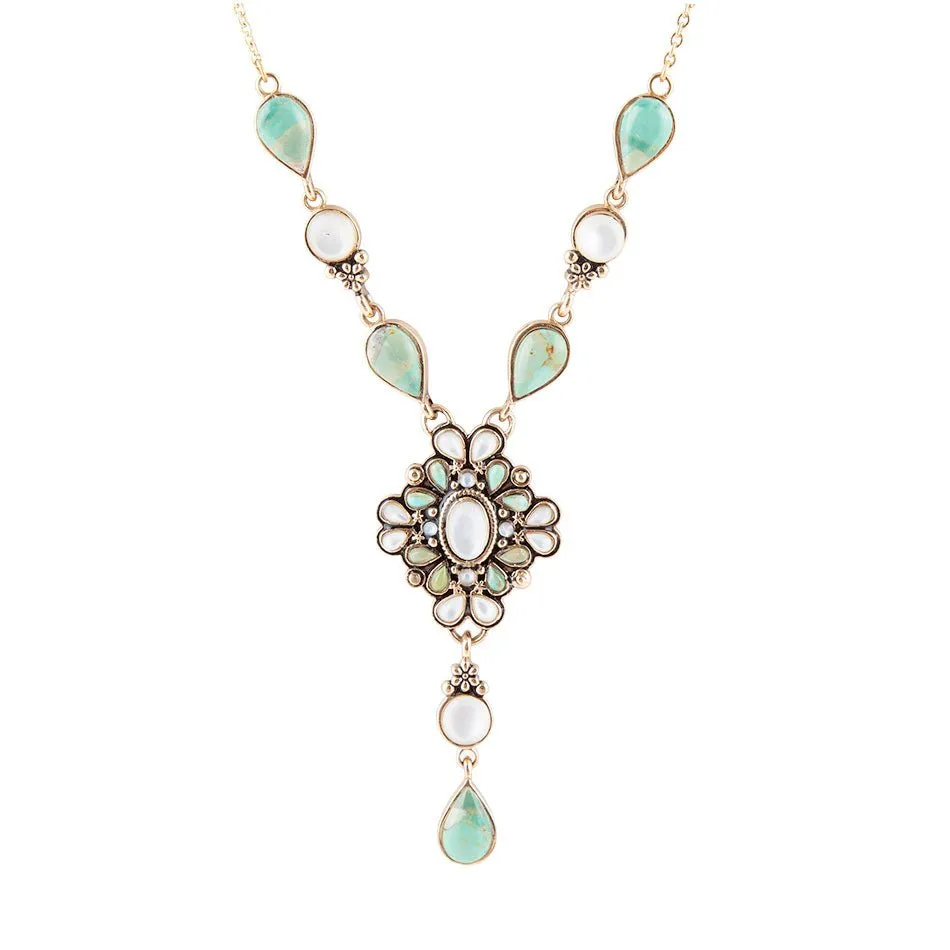 Barse White Mother of Pearl and Blue Turquoise Golden Barcelona Y-Necklace