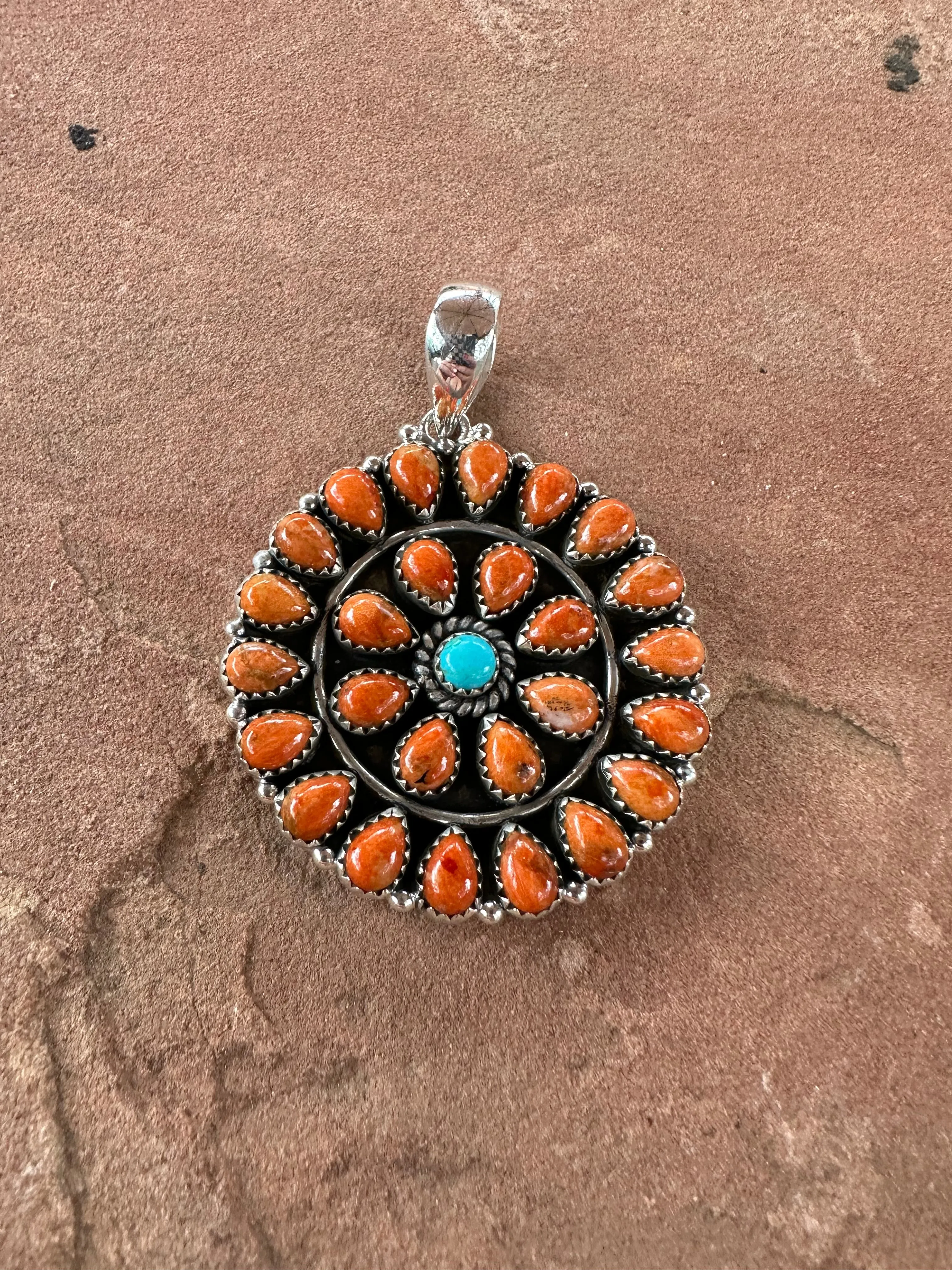 Beautiful Handmade Sterling Silver, Orange Mojave & Turquoise Cluster Pendant