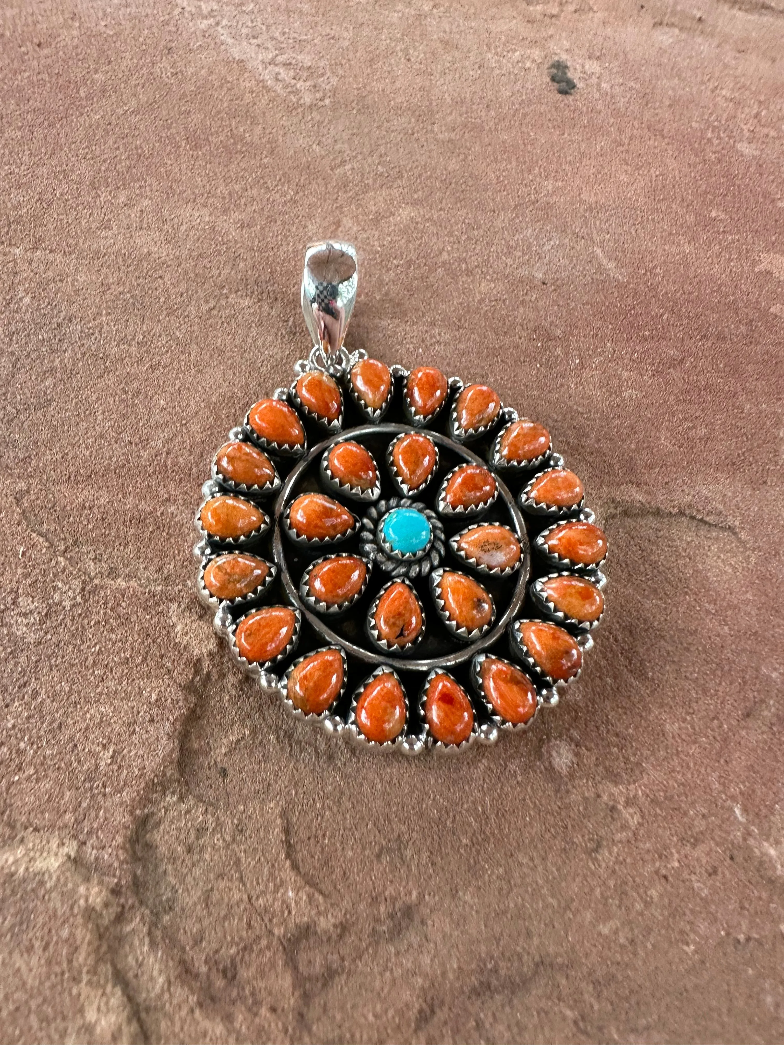 Beautiful Handmade Sterling Silver, Orange Mojave & Turquoise Cluster Pendant