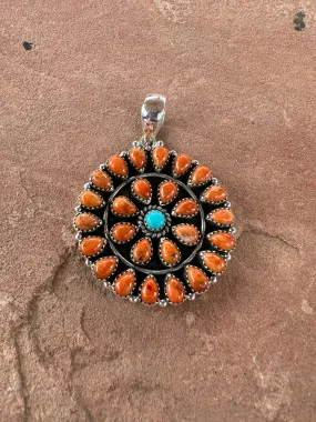 Beautiful Handmade Sterling Silver, Orange Mojave & Turquoise Cluster Pendant