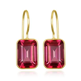 Bezeled Emerald Cut Dangles-Pink Topaz Gold