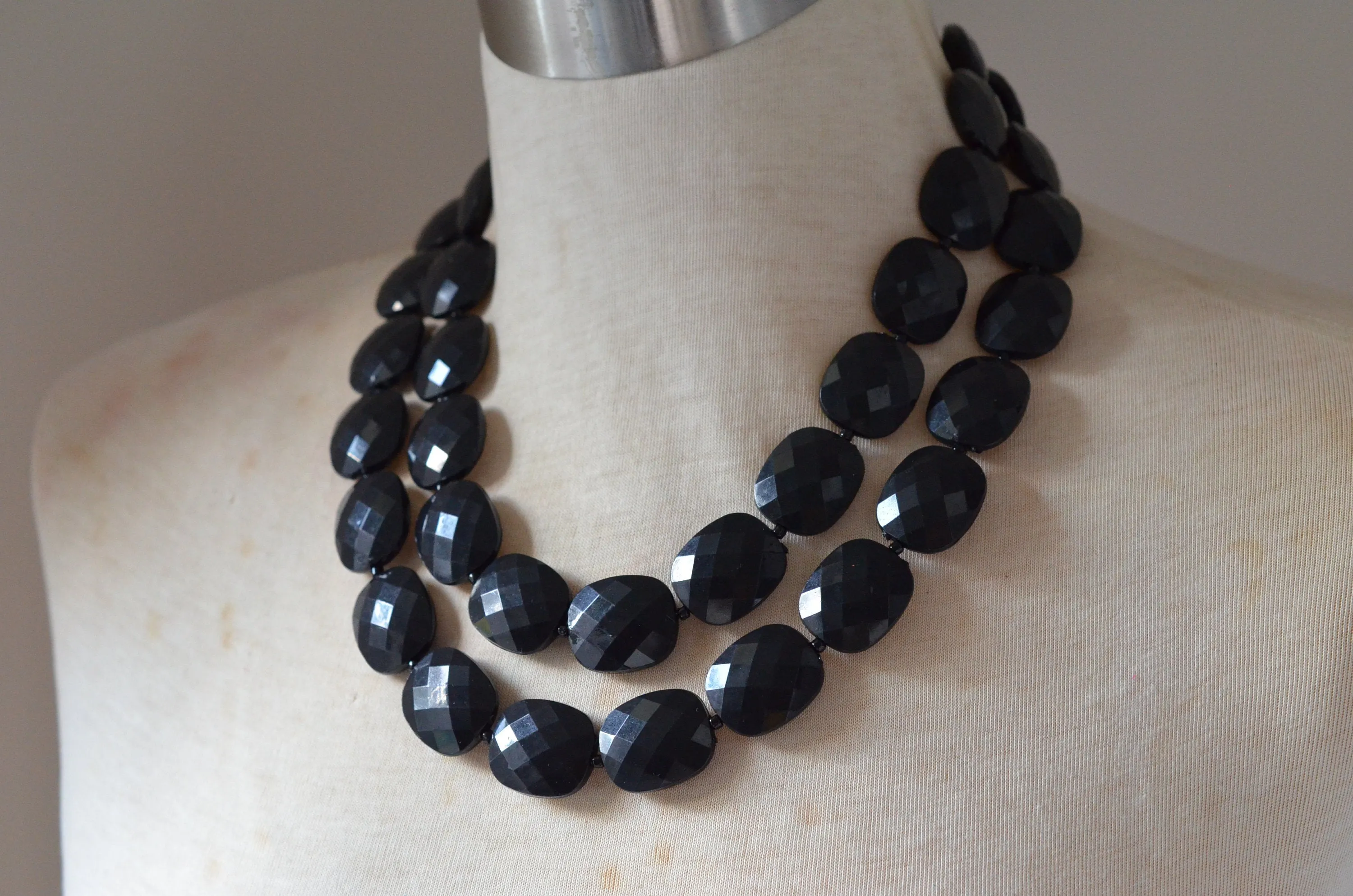 Black Acrylic Beaded Multi Strand Chunky Statement Necklace - Elizabeth