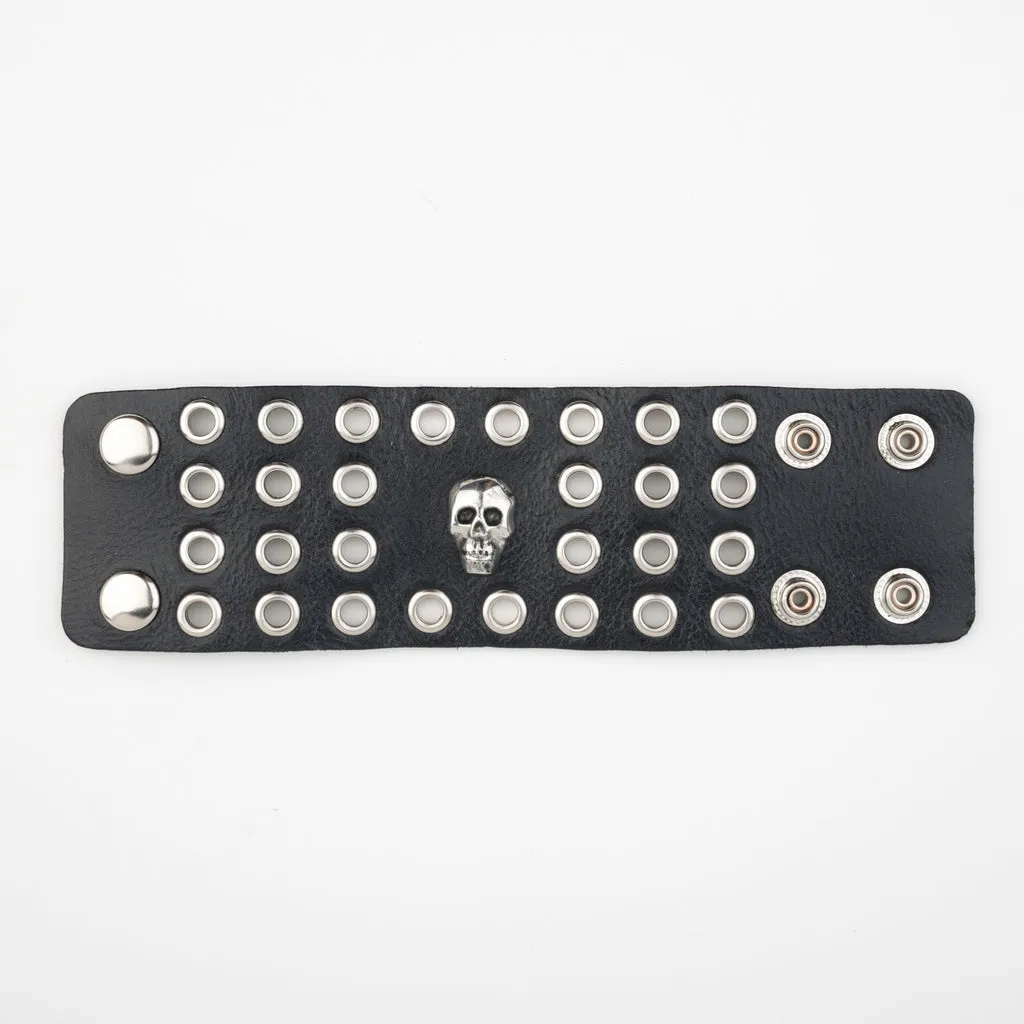 Black Leather Bracelet w/ 4 Rows of Grommets and Skull Detail