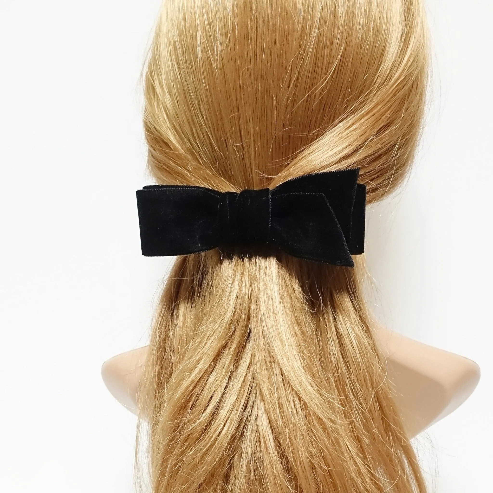 Black velvet layer bow diagonal end simple stylish french barrette or clip