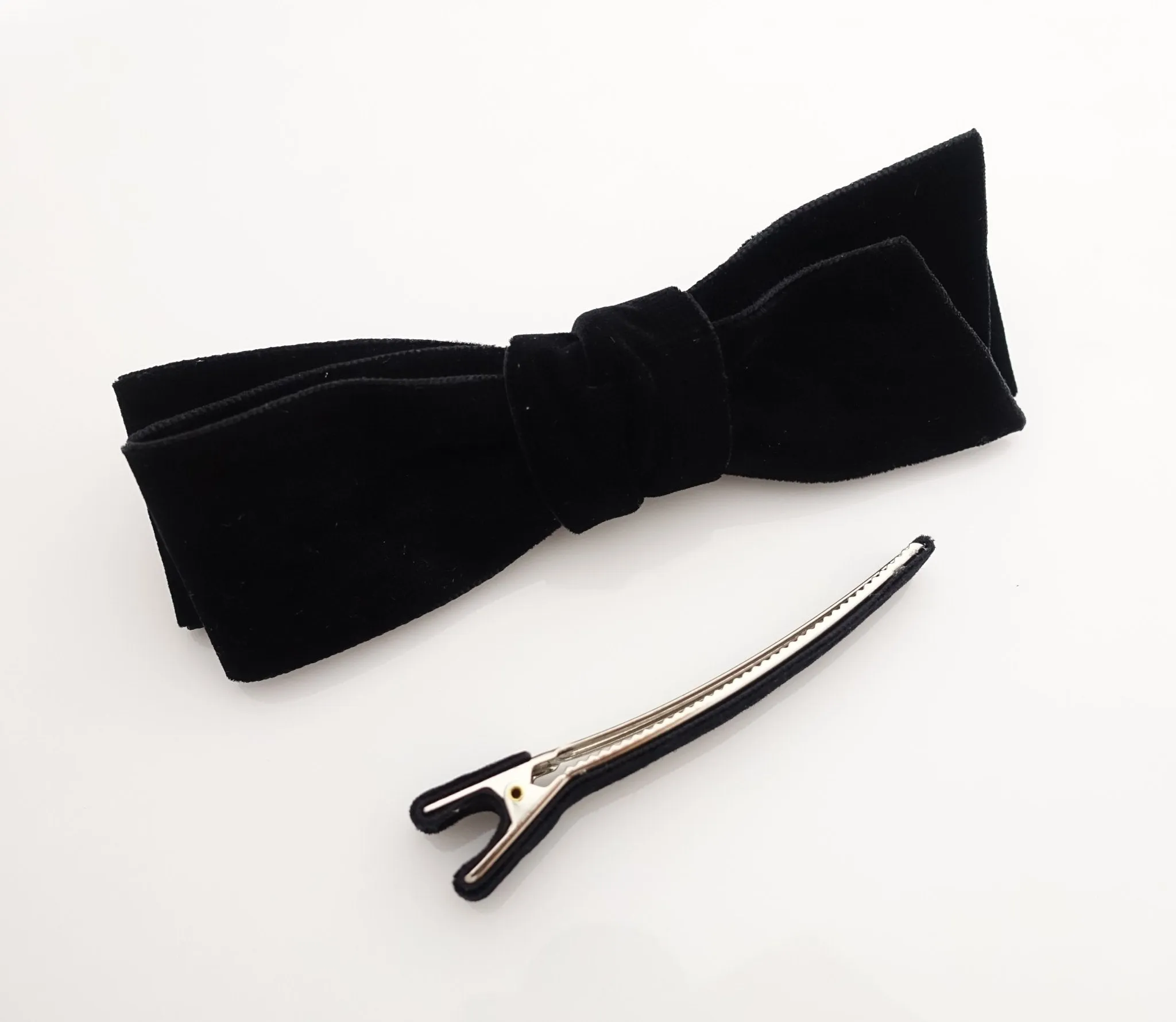 Black velvet layer bow diagonal end simple stylish french barrette or clip