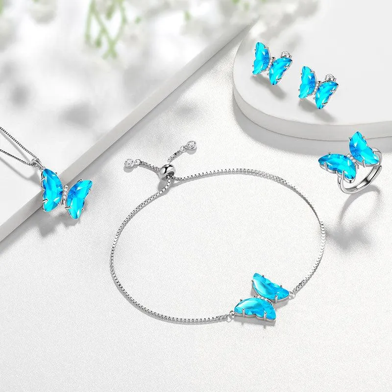 Blue Butterfly Jewelry Set 5PCS March Aquamarine Birthstone Women Girls Birthday Gifts