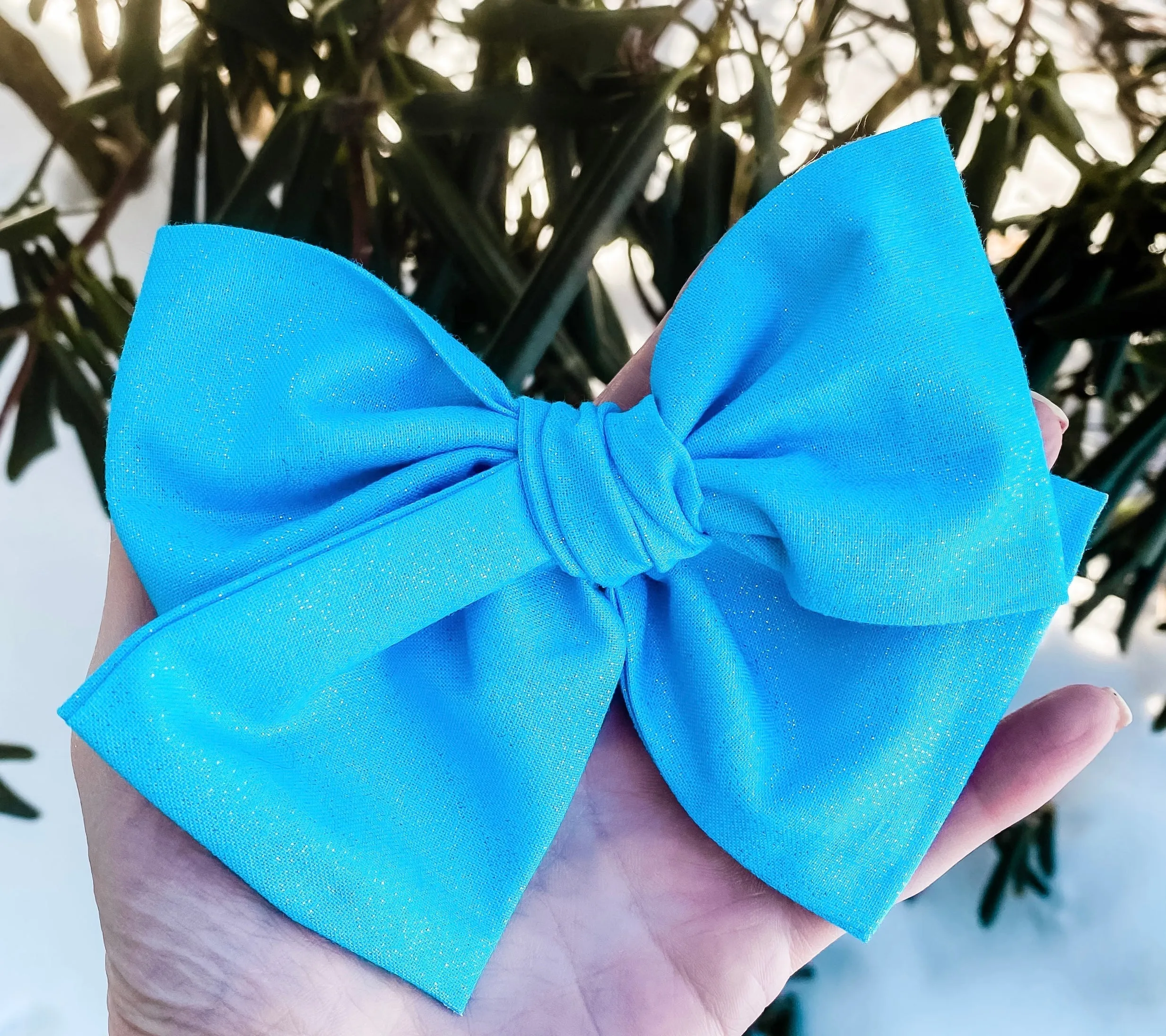 Blue Shimmer Fabric Hand Tied Bow Headband | Hair Clip