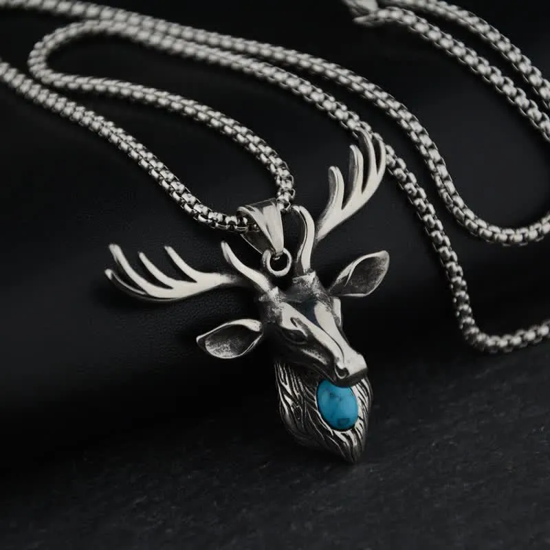 Blue Turquoise Elk Deer Head Pendant Necklace