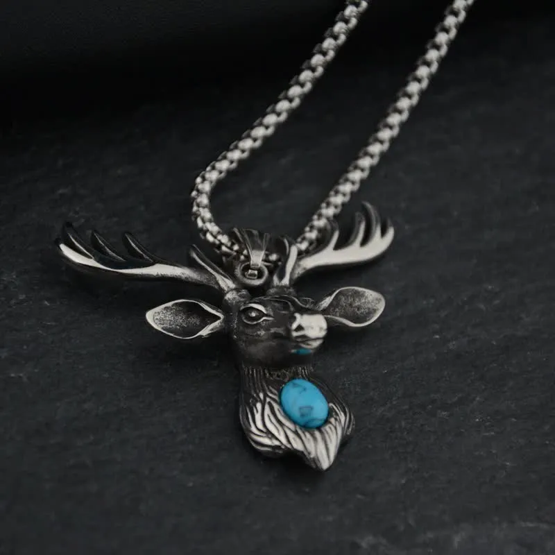 Blue Turquoise Elk Deer Head Pendant Necklace