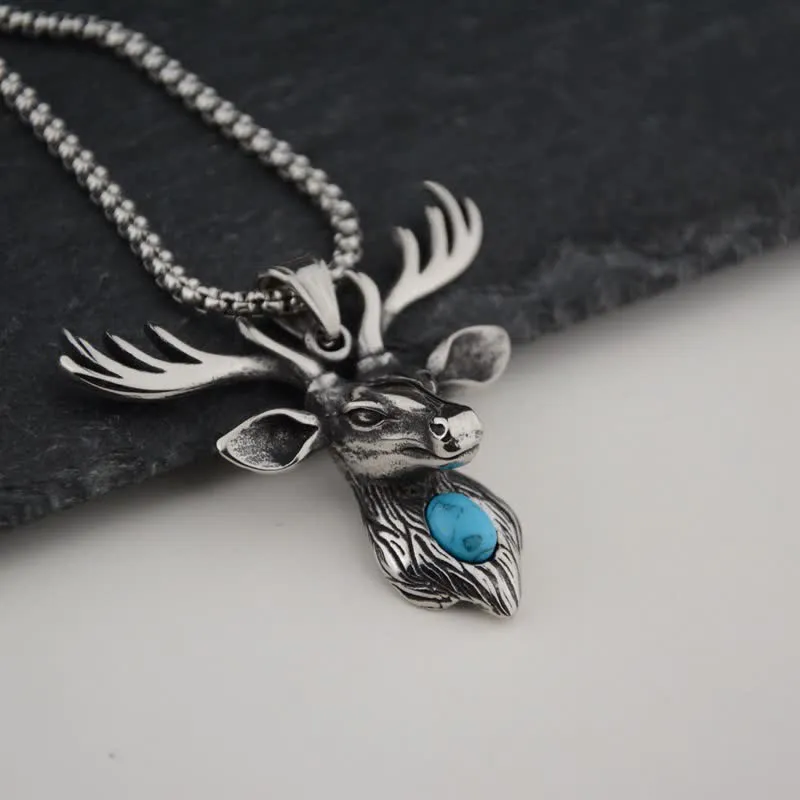 Blue Turquoise Elk Deer Head Pendant Necklace