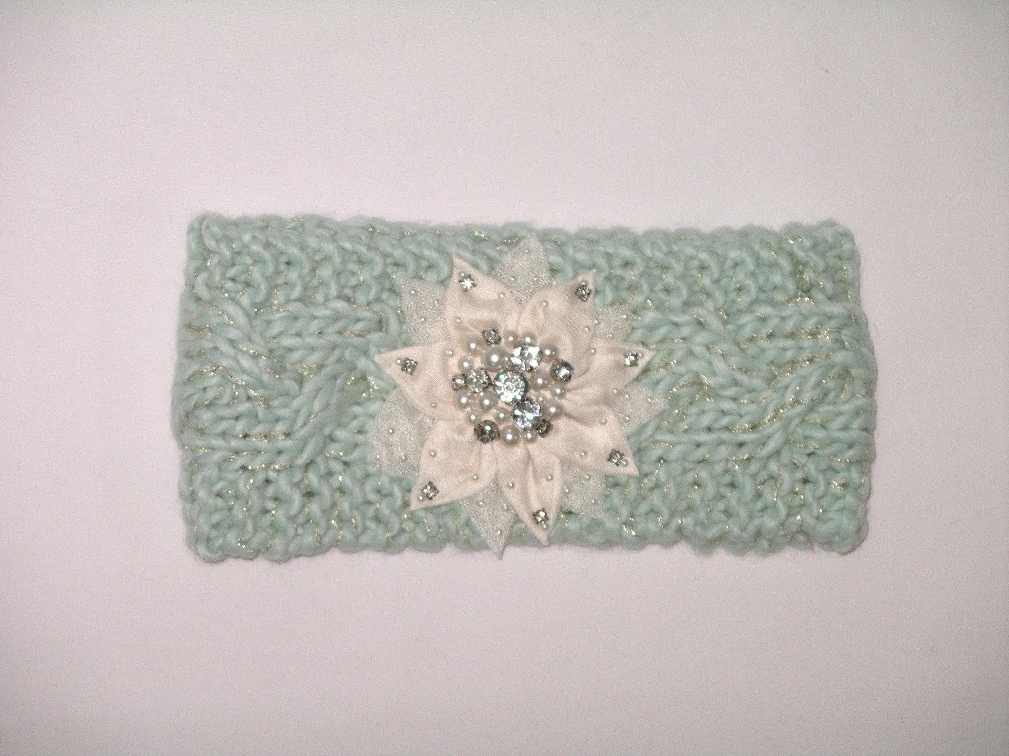 Boho Ear Warmer Headband Mint Cable Knit With White Bling Flower Crystals Pearls One Size