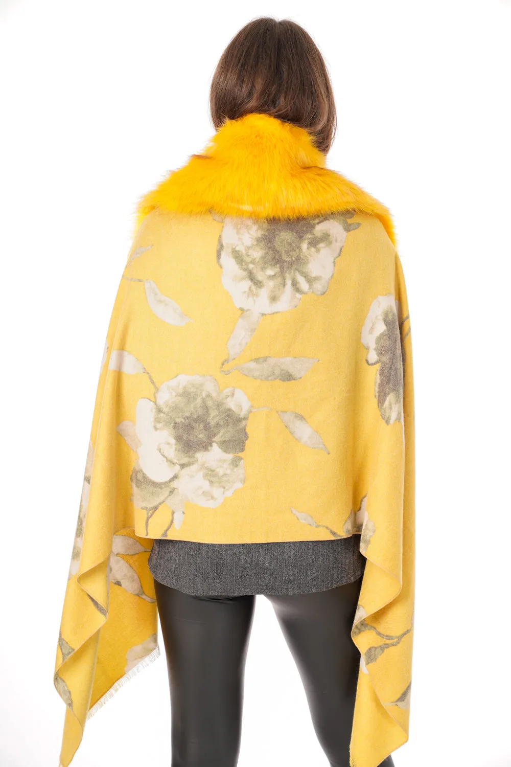 Cashmere Feels Faux Fur Collar Fringe Shawl/Scarf with Floral Print