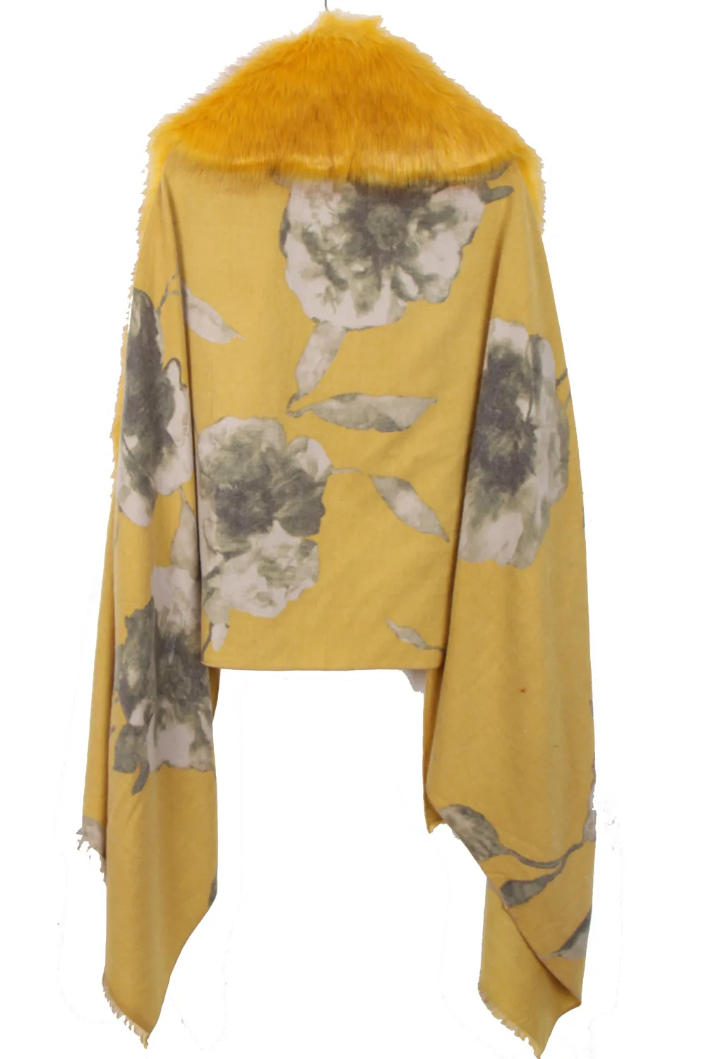 Cashmere Feels Faux Fur Collar Fringe Shawl/Scarf with Floral Print