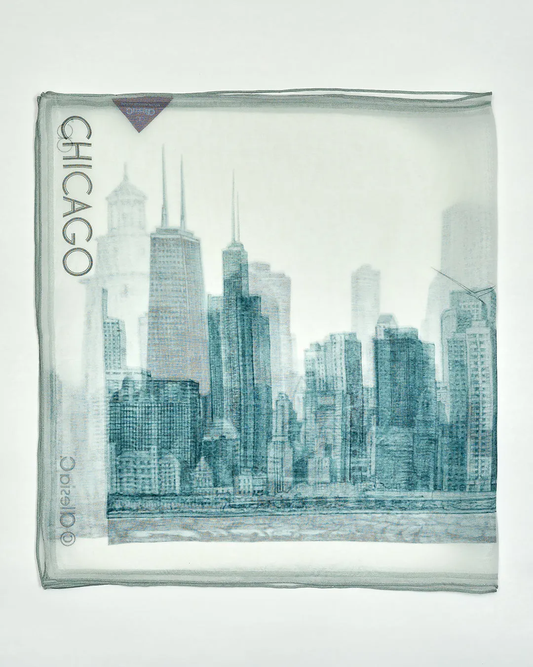 CHICAGO Skyline Designer 100% Silk Georgette Long Rectangle Scarf in Grey White