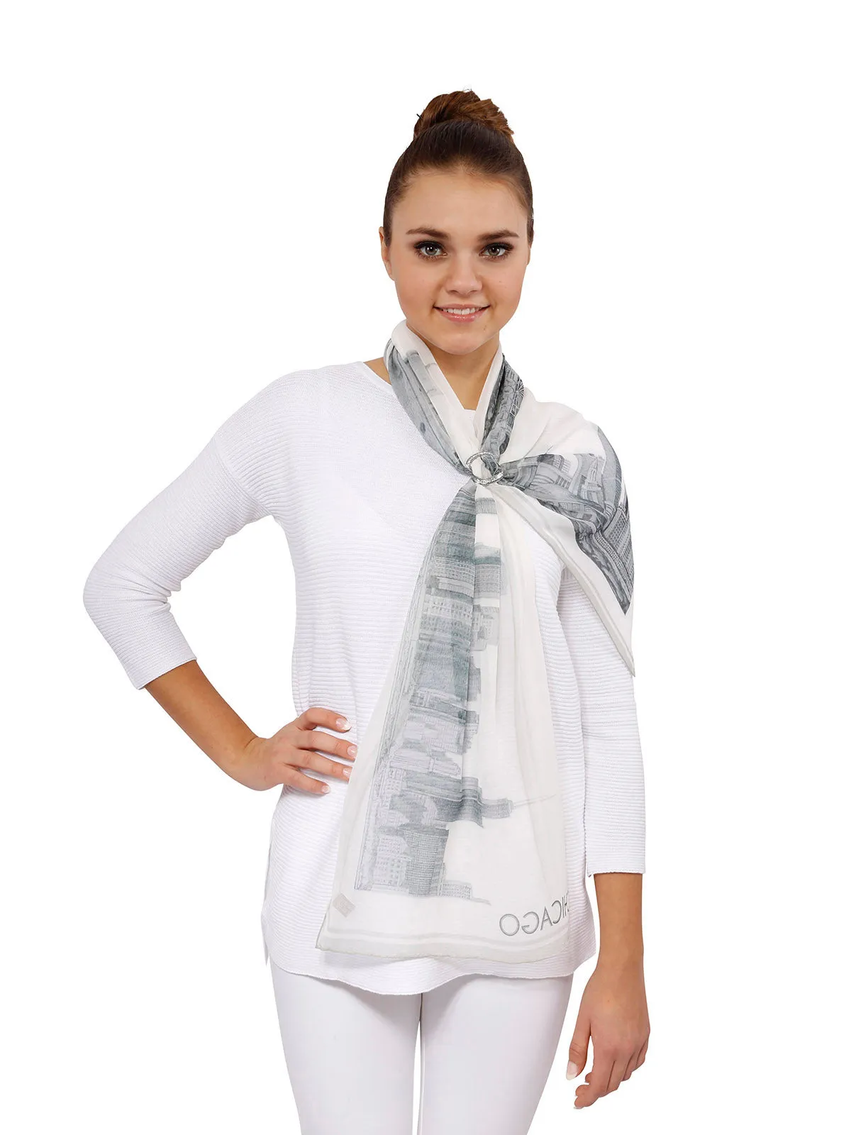 CHICAGO Skyline Designer 100% Silk Georgette Long Rectangle Scarf in Grey White