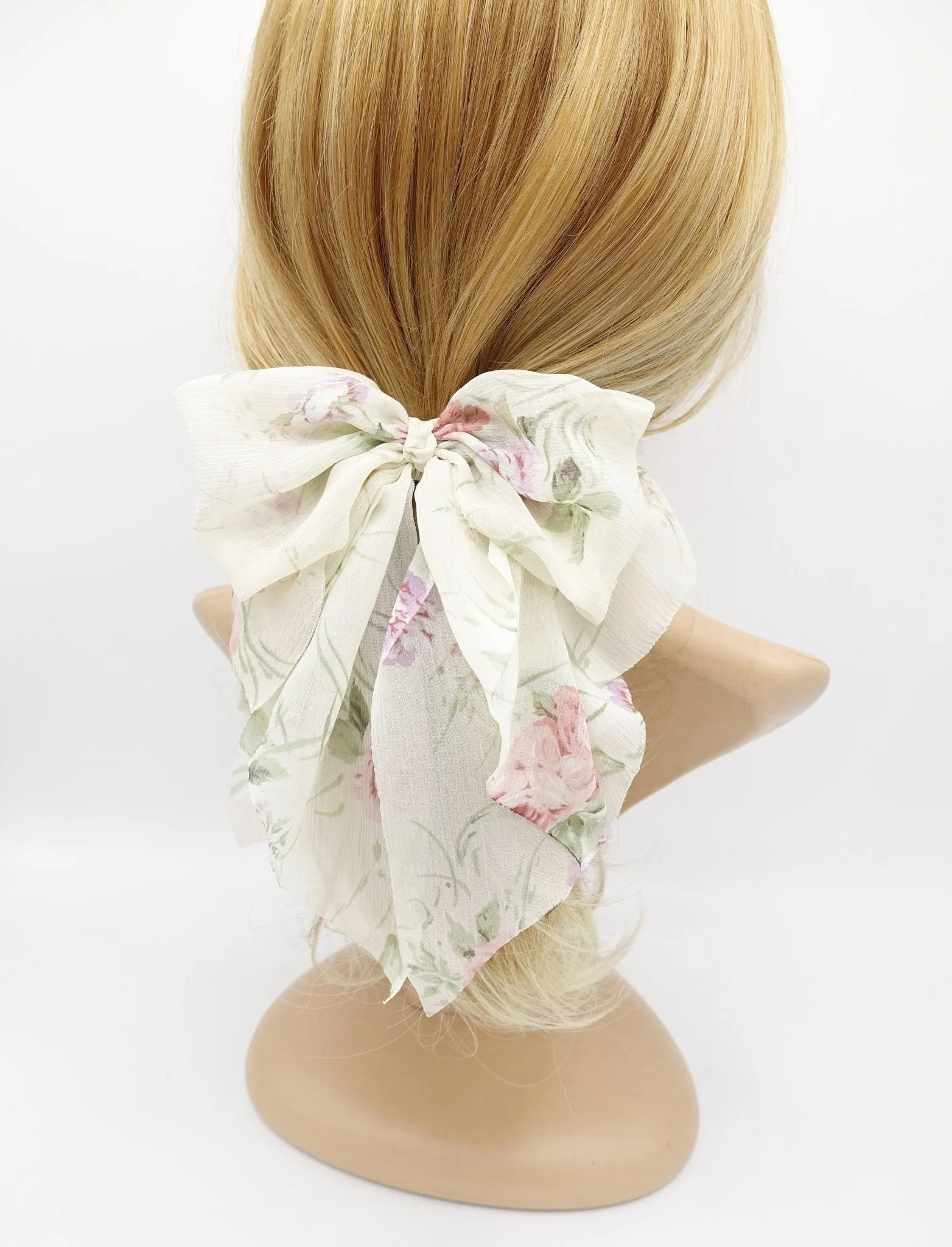 chiffon flower print bow droopy floral  layered style bow hair accessory for women