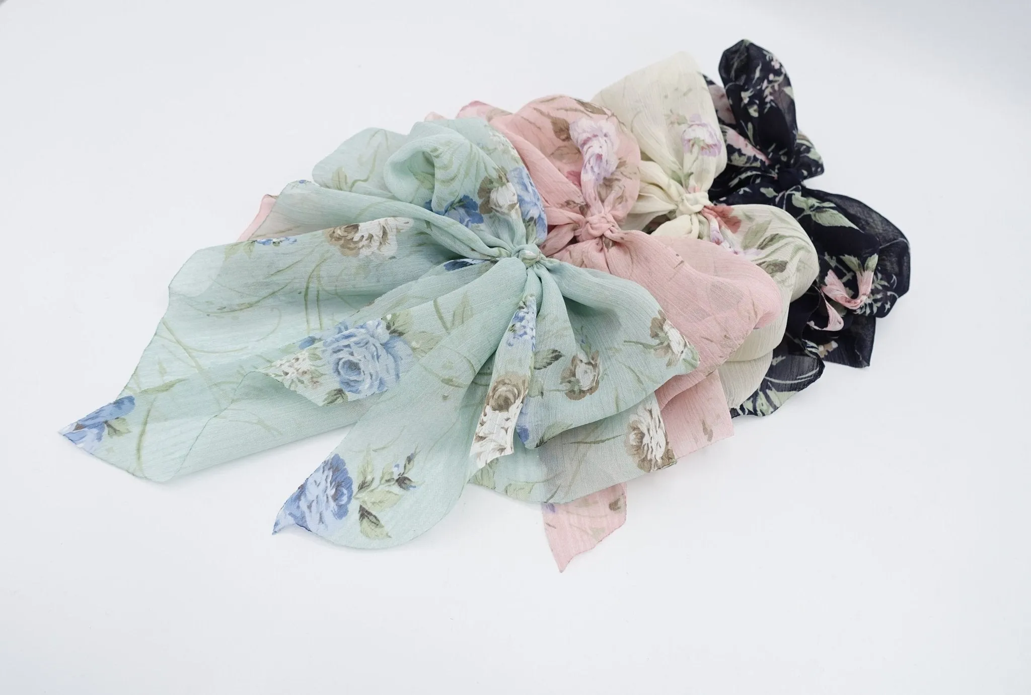 chiffon flower print bow droopy floral  layered style bow hair accessory for women